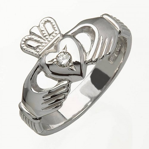 White Gold Claddagh Ring with Diamond - Ross - 14K Gold Diamond Jewelry